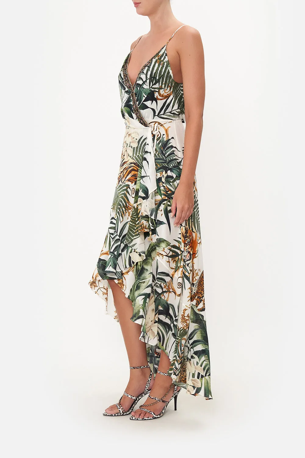 DRAPED FRONT WRAP DRESS TIGER TRAP