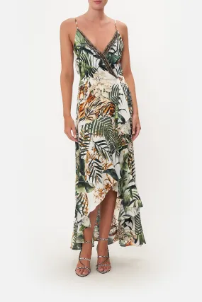 DRAPED FRONT WRAP DRESS TIGER TRAP