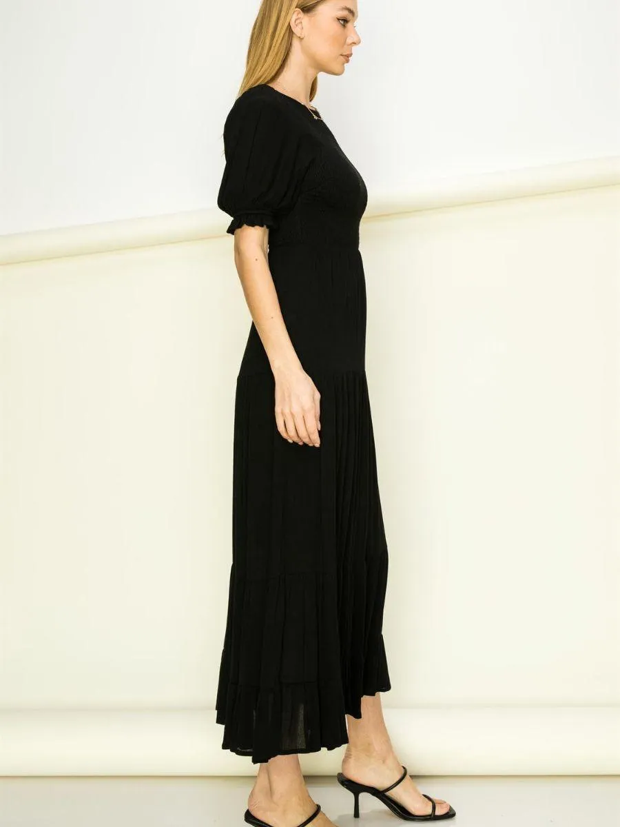 Dreamy Black Smocked Maxi Dress with Short Puffy Sleeves