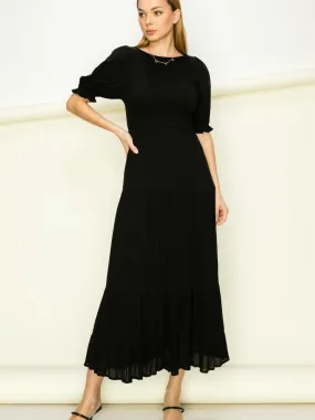 Dreamy Black Smocked Maxi Dress with Short Puffy Sleeves