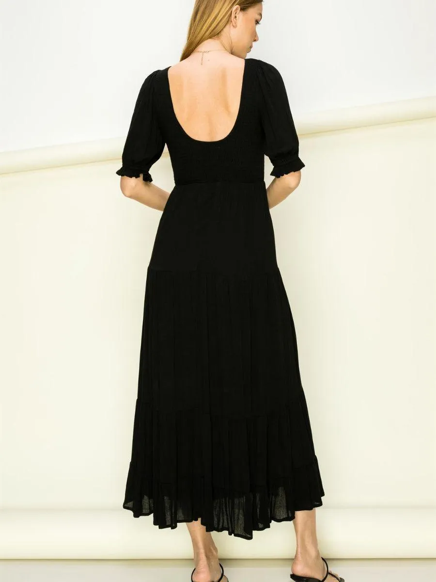 Dreamy Black Smocked Maxi Dress with Short Puffy Sleeves