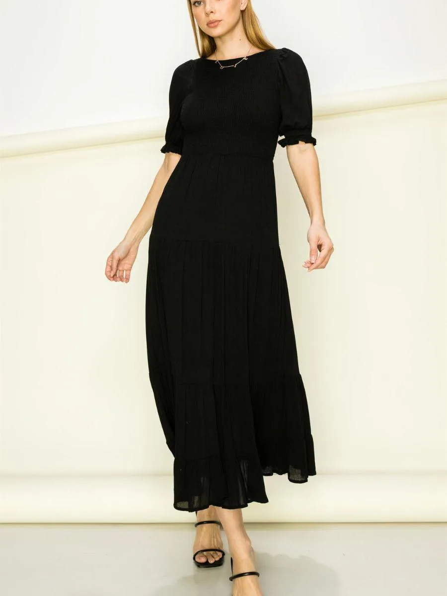 Dreamy Black Smocked Maxi Dress with Short Puffy Sleeves