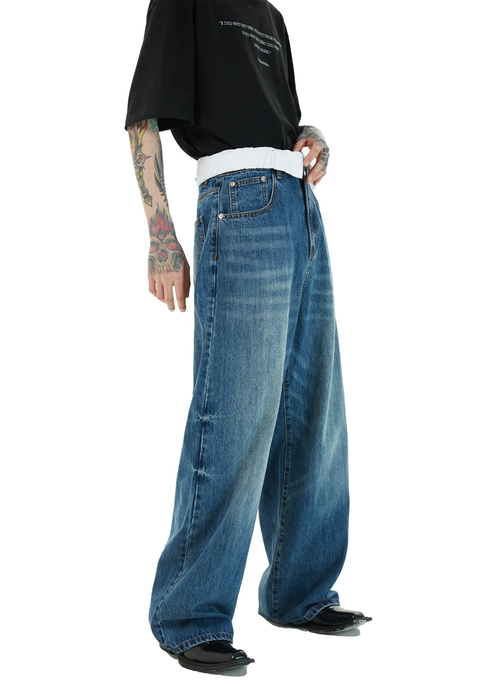 Dual Waistband Baggy Denim Jeans