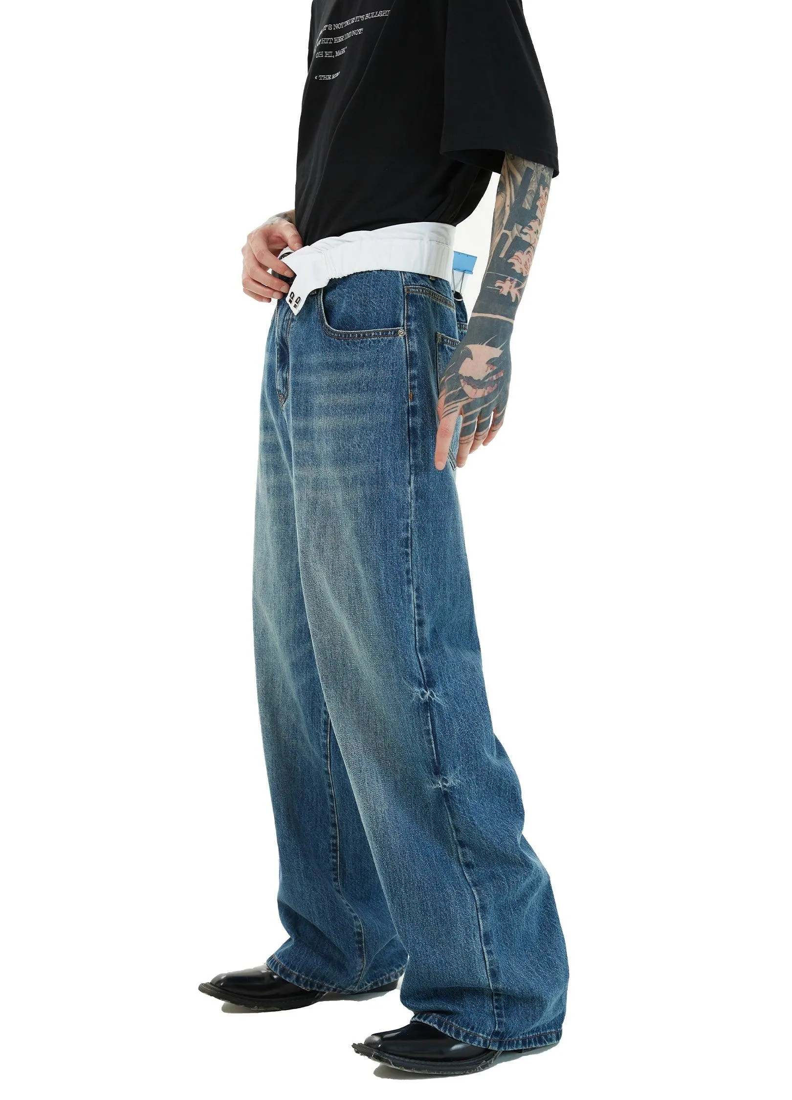 Dual Waistband Baggy Denim Jeans