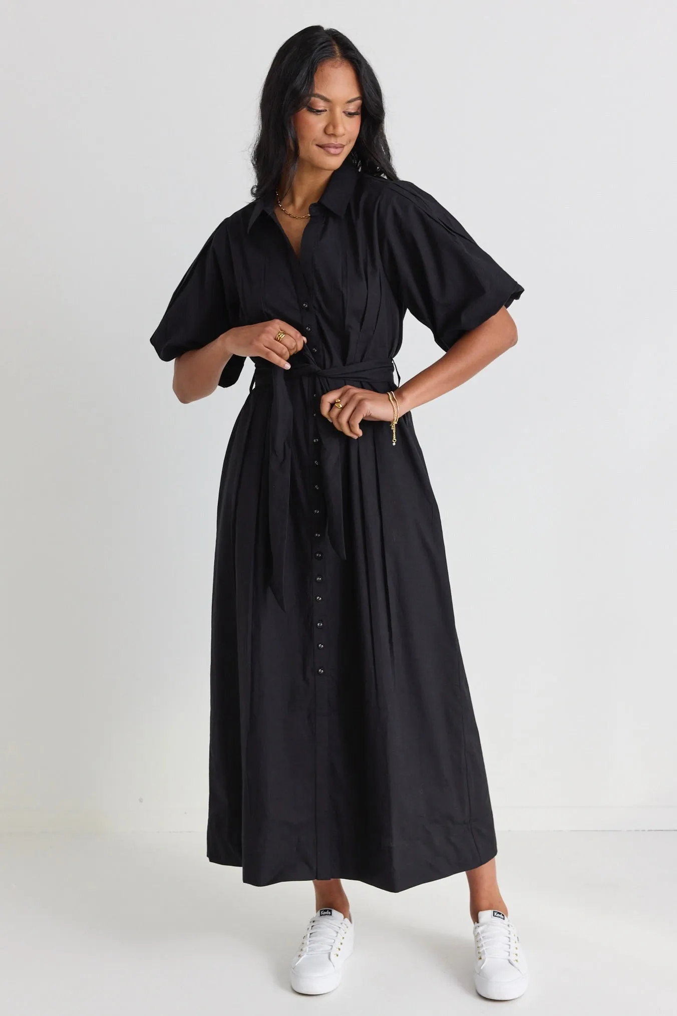 Dusk Black Puff Short Sleeve Collared Maxi Dress