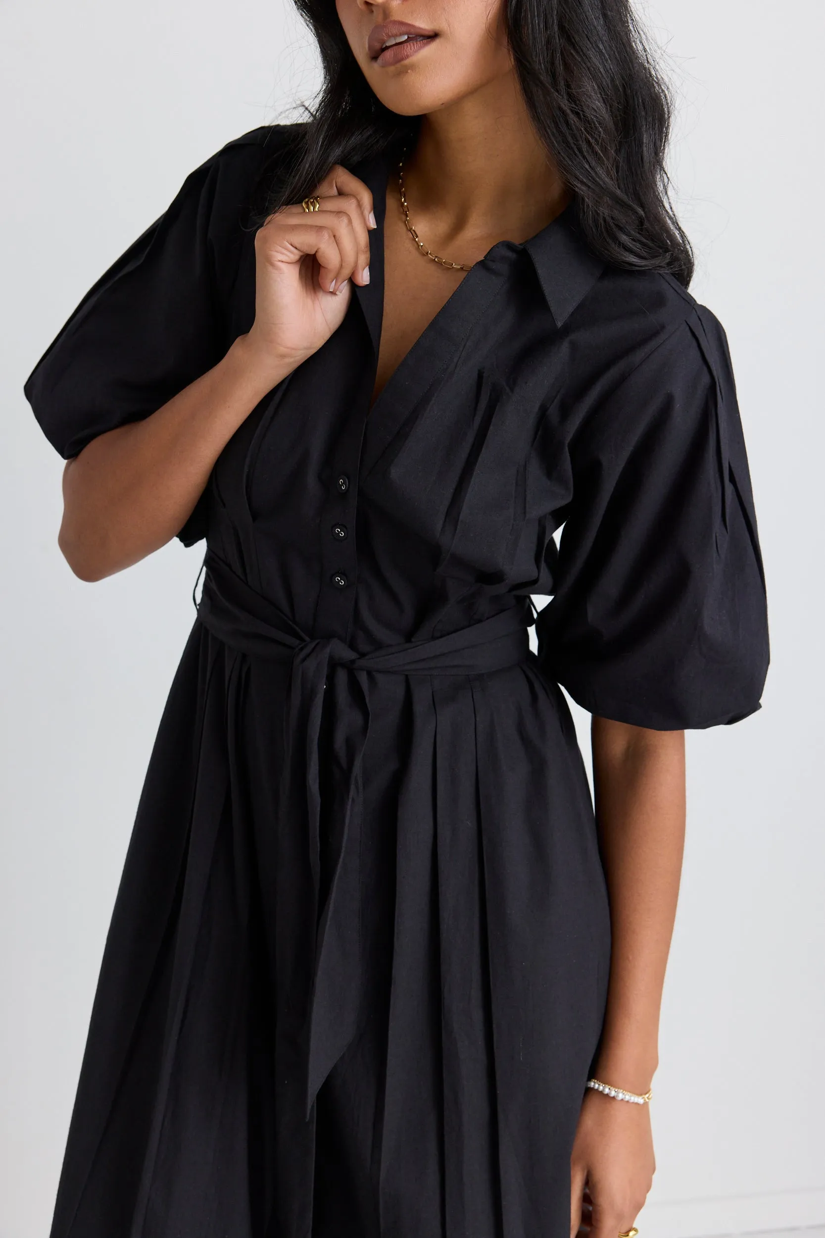 Dusk Black Puff Short Sleeve Collared Maxi Dress