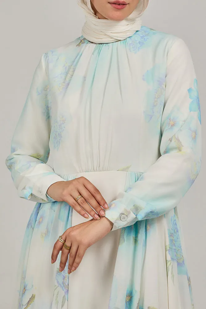 Elarae Serene Sky Chiffon Maxi Dress with Floral Print