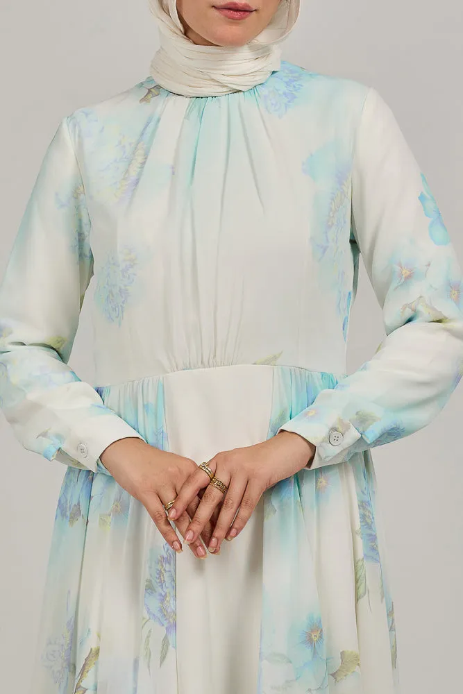 Elarae Serene Sky Chiffon Maxi Dress with Floral Print