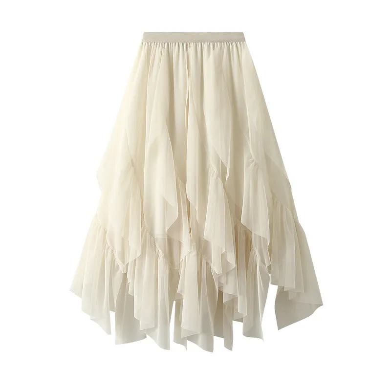 Elasticity Gauze Pleated Solid Color Split-Joint A-Line Loose Skirts