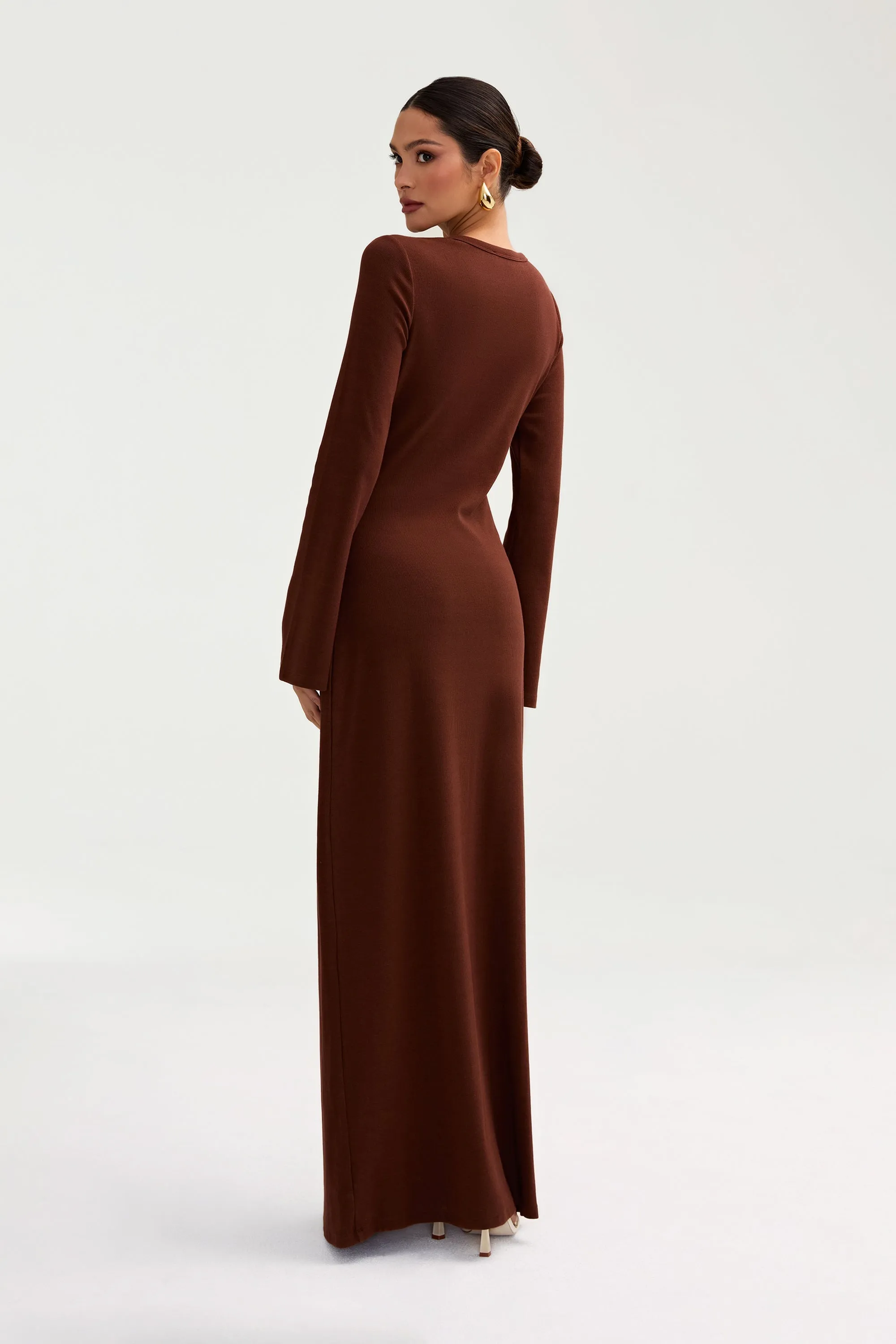 Ella Ribbed Split Cuff Maxi Dress - Chocolate