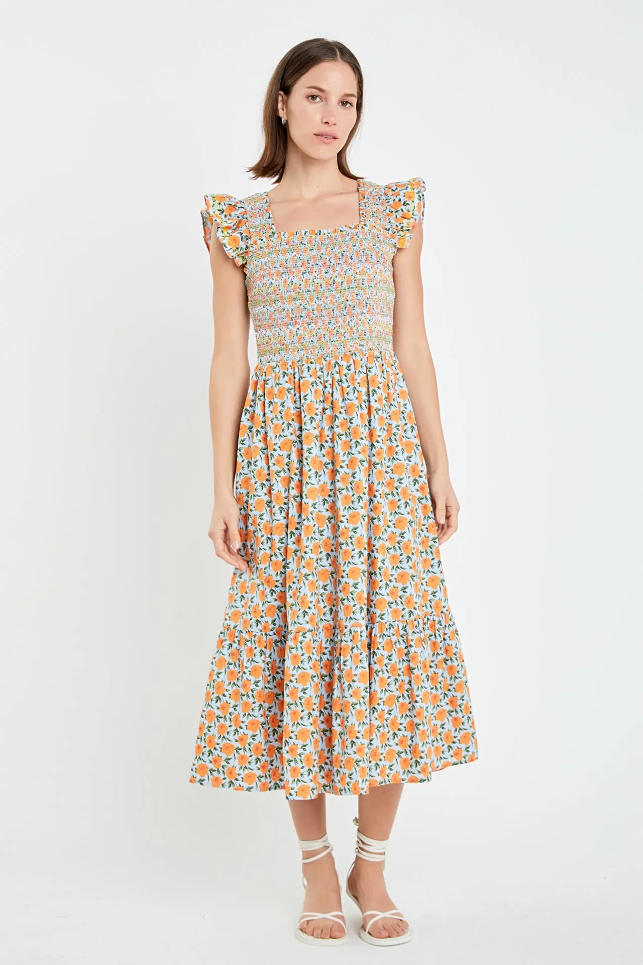 Embroidered Smocked Midi Dress