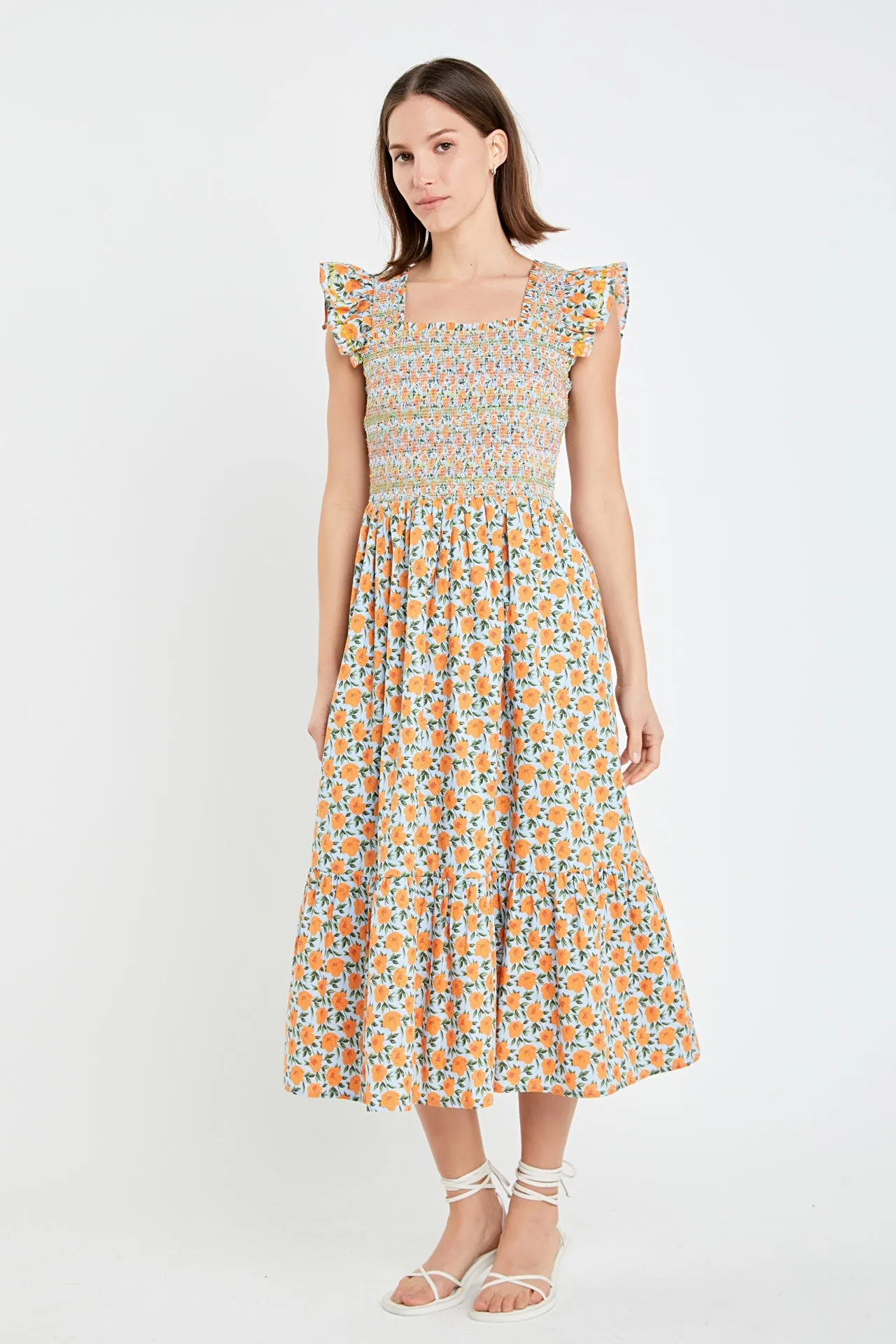 Embroidered Smocked Midi Dress