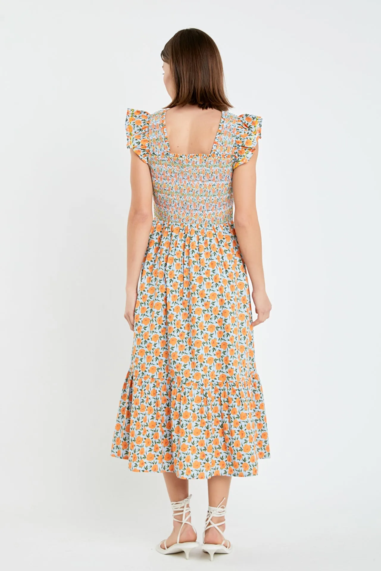 Embroidered Smocked Midi Dress