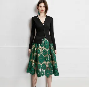 Emerald Floral Lace Midi Skirt