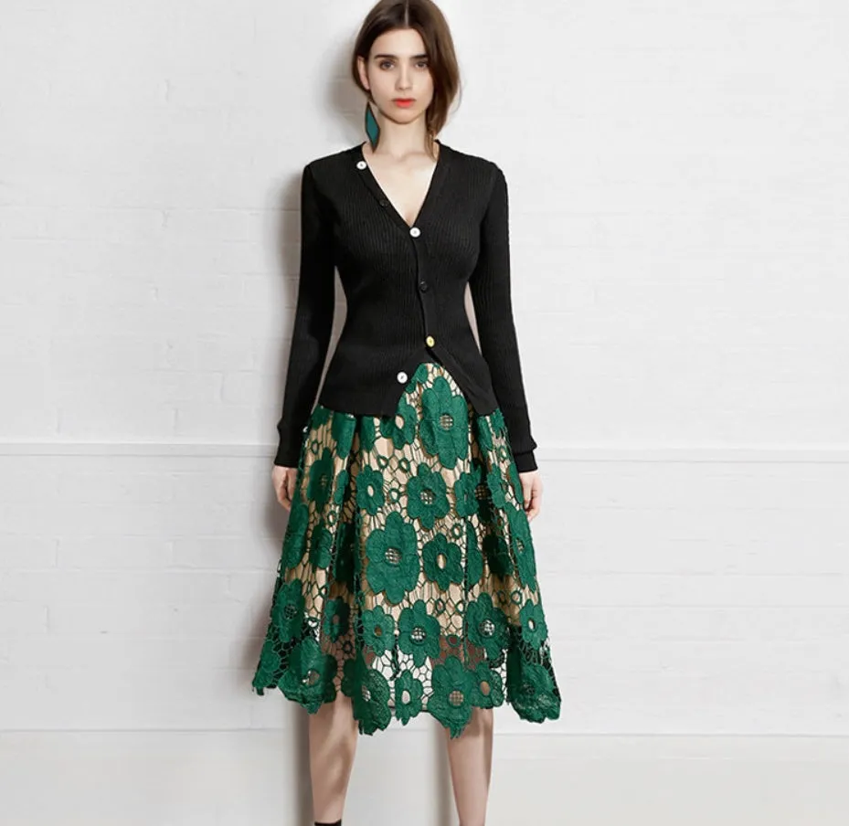 Emerald Floral Lace Midi Skirt