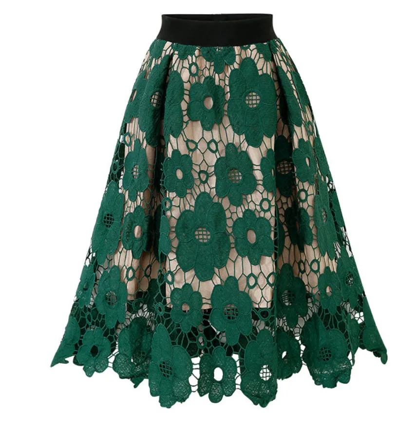 Emerald Floral Lace Midi Skirt