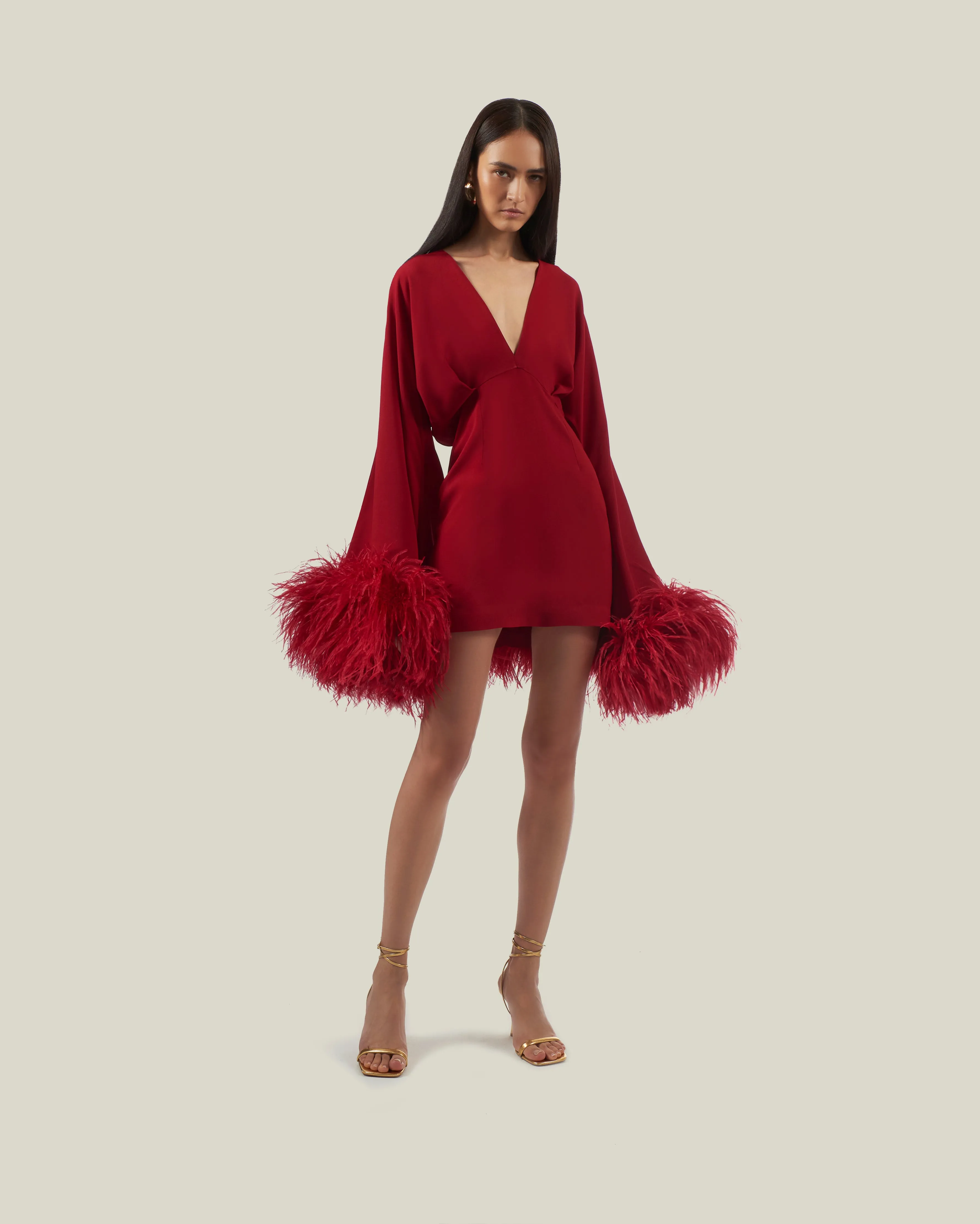 Feathered Mini Magnifique Dress in Ruby