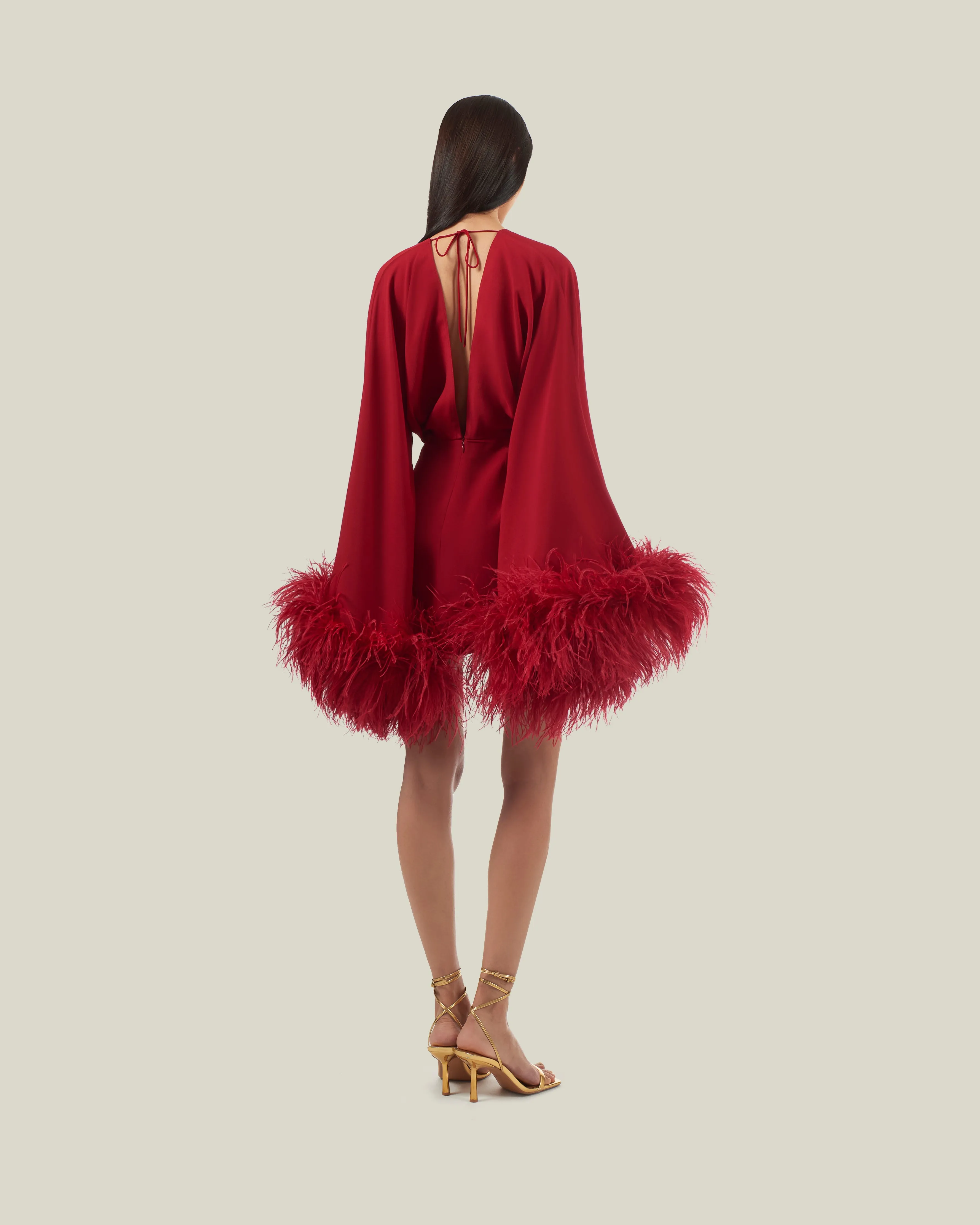 Feathered Mini Magnifique Dress in Ruby