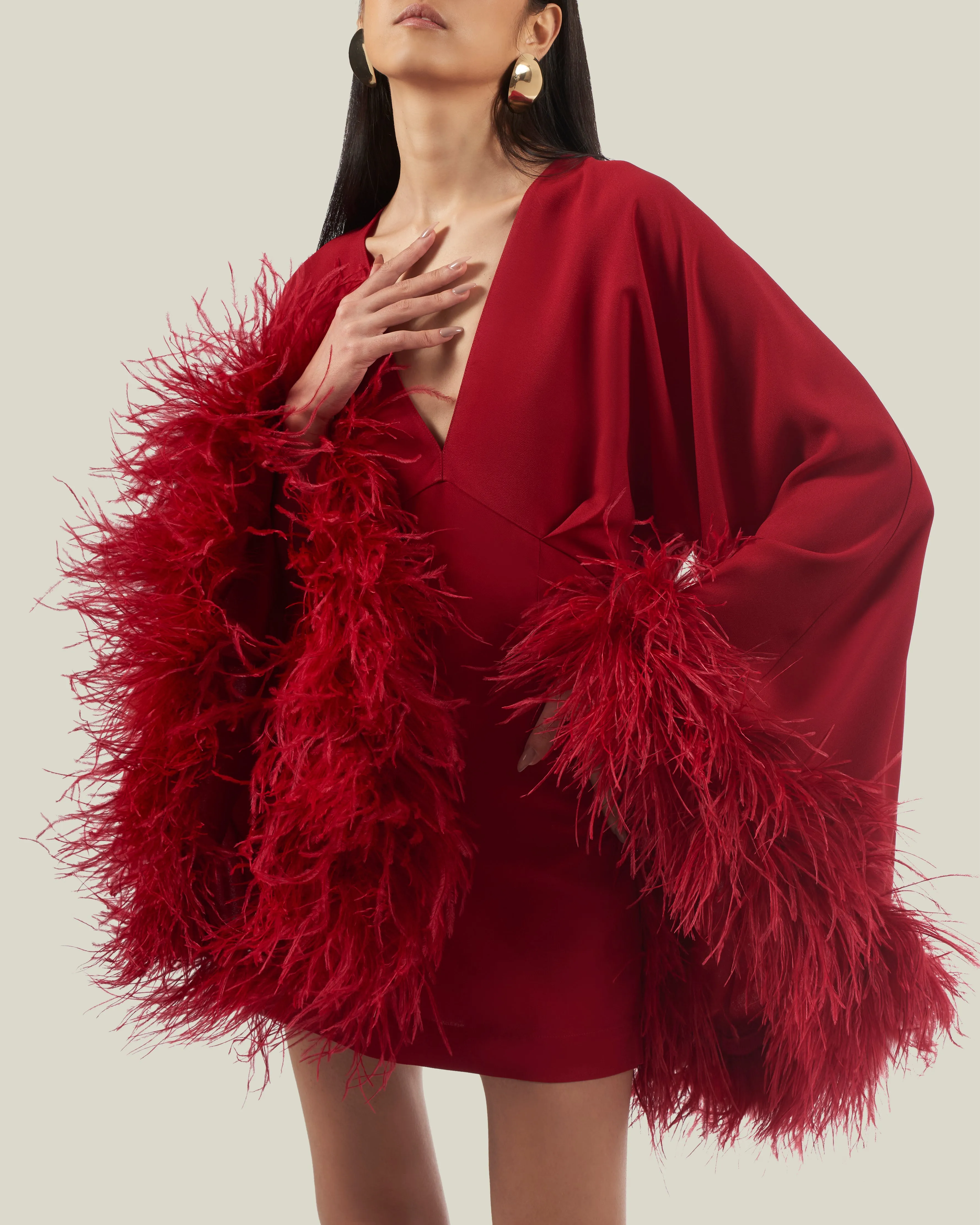 Feathered Mini Magnifique Dress in Ruby