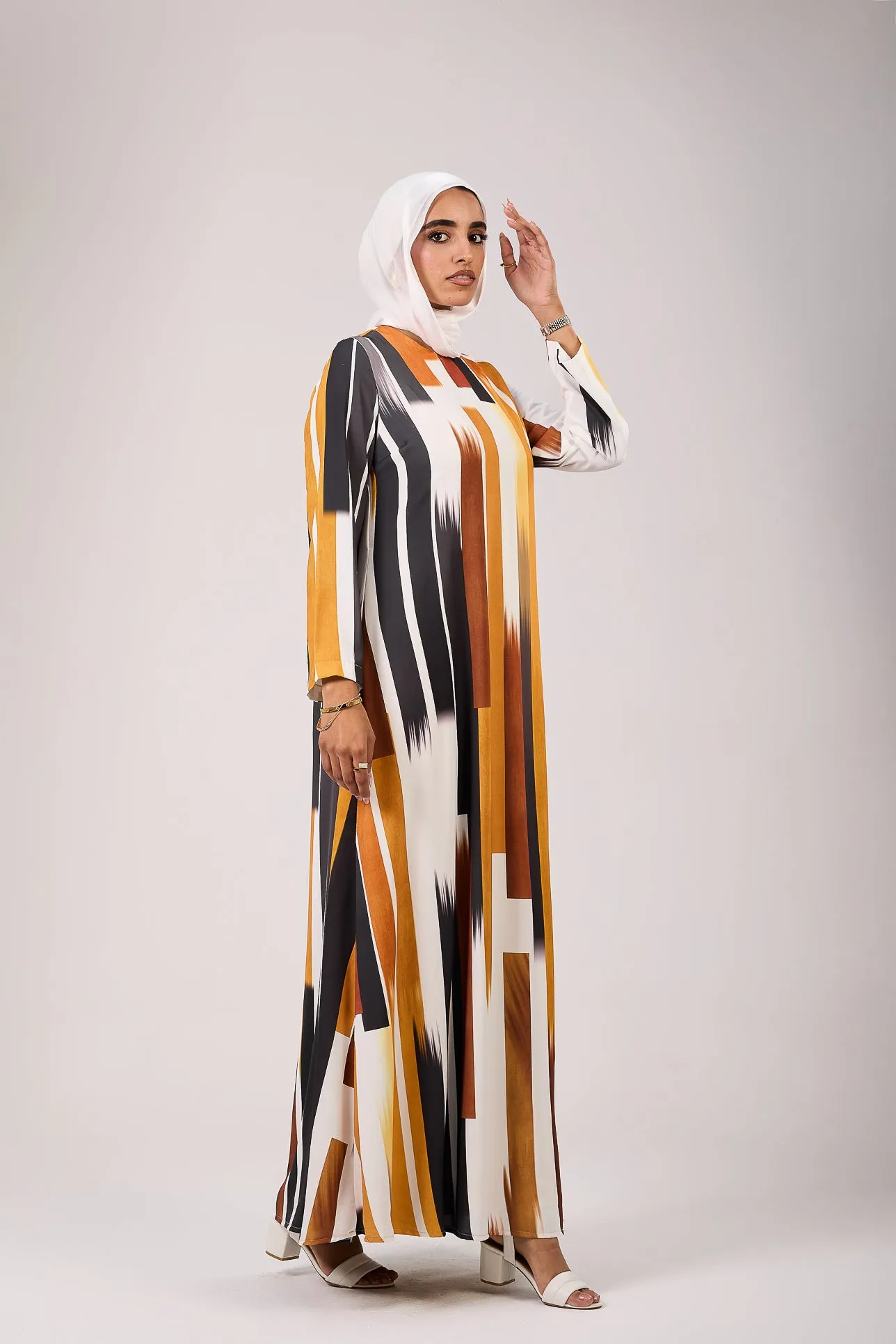 Feryal Timeless Elegance Satin Maxi Dress with Linear Patterns