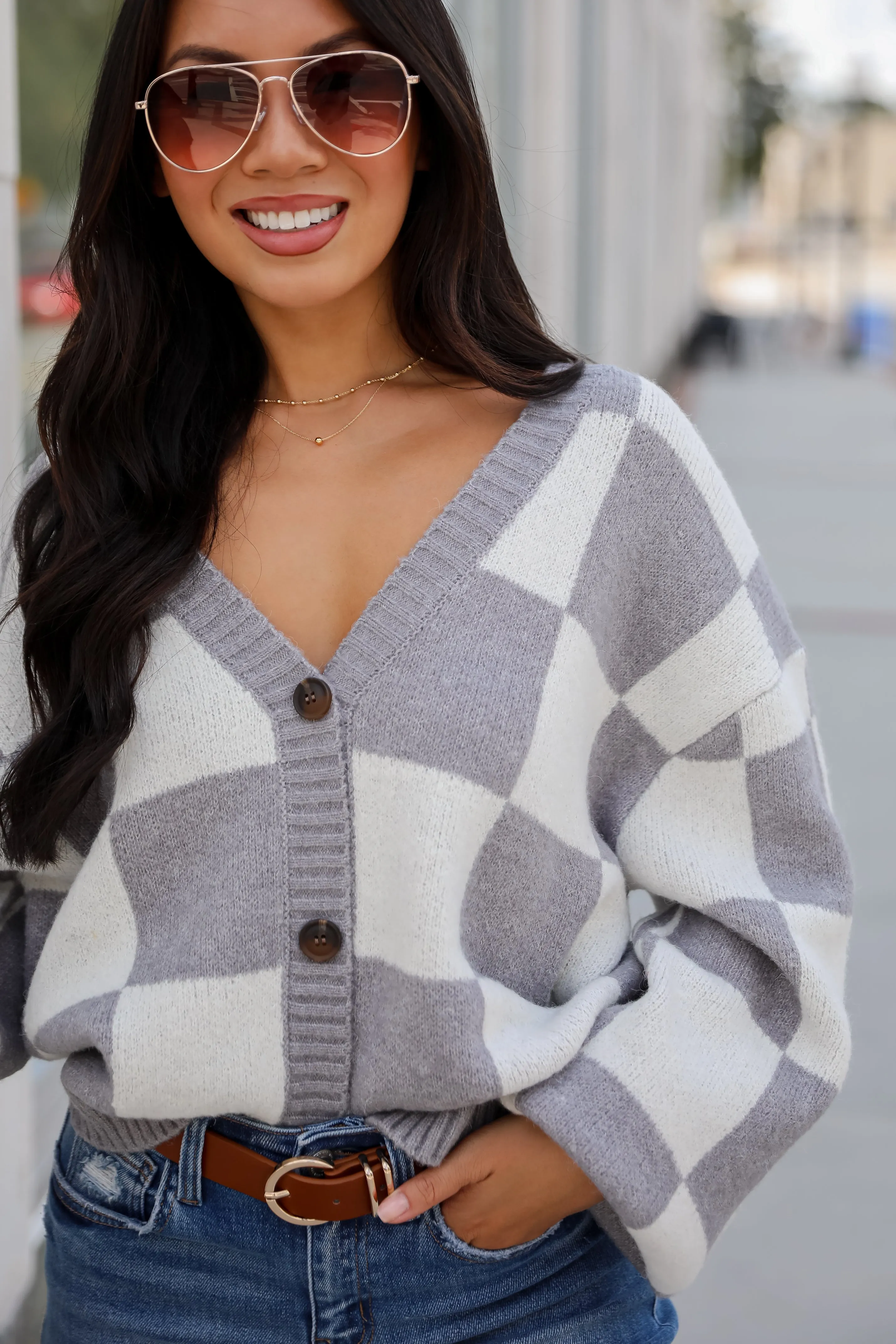 FINAL SALE - Cuddly Effect Checkered Sweater Cardigan