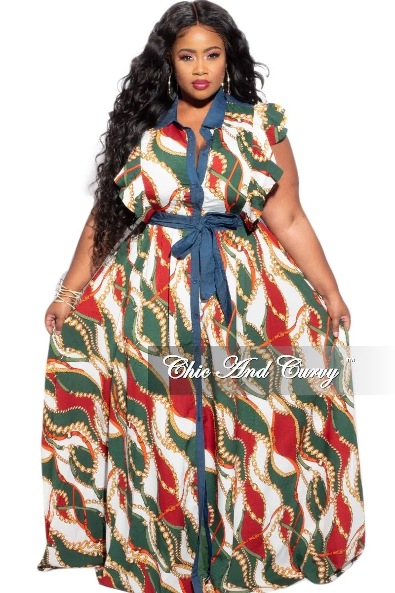 Final Sale Plus Size Tie Maxi Dress in Wine & Green Chain Print/Denim