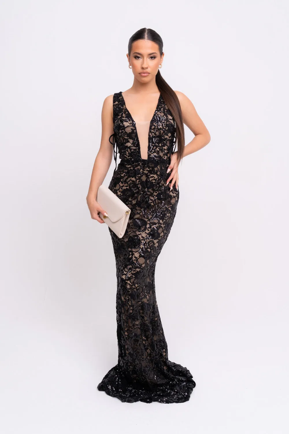 Flora Black Luxe Deep Plunge Tie Side Floral Lace Sequin Embellished Maxi Dress