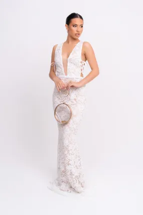 Flora White Luxe Deep Plunge Tie Side Floral Lace Sequin Embellished Maxi Dress