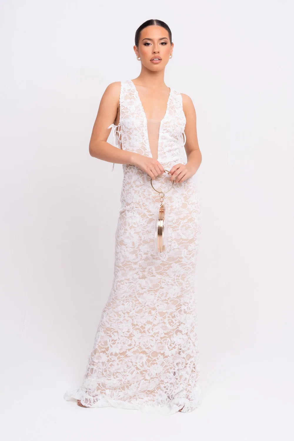 Flora White Luxe Deep Plunge Tie Side Floral Lace Sequin Embellished Maxi Dress