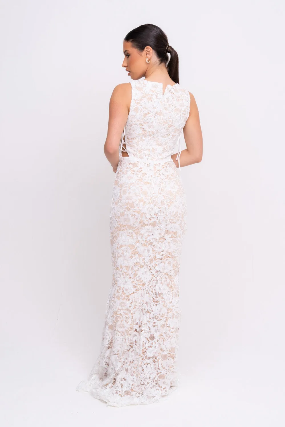 Flora White Luxe Deep Plunge Tie Side Floral Lace Sequin Embellished Maxi Dress