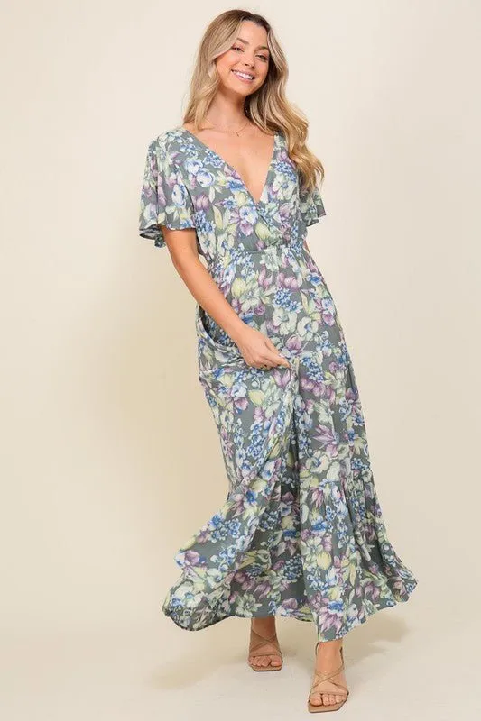 Floral Flutter Sleeve Maxi Dress