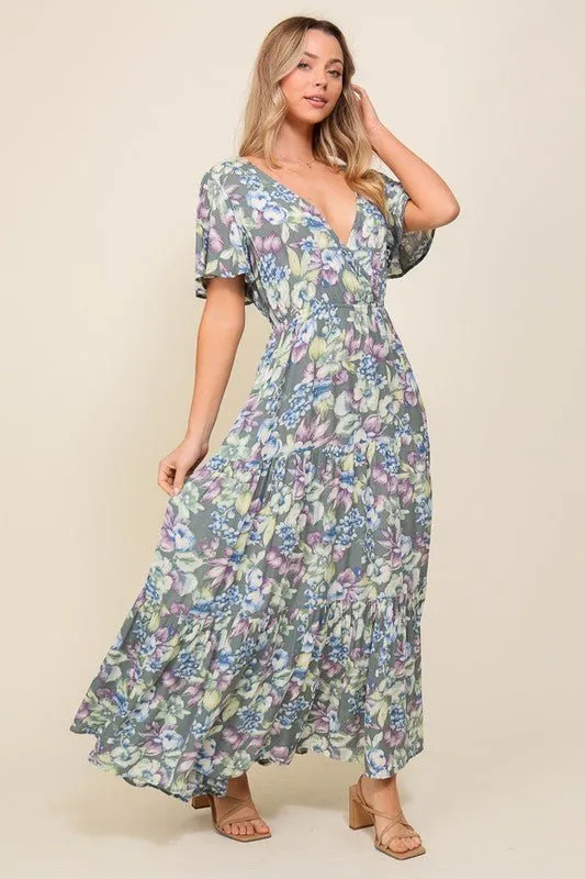 Floral Flutter Sleeve Maxi Dress