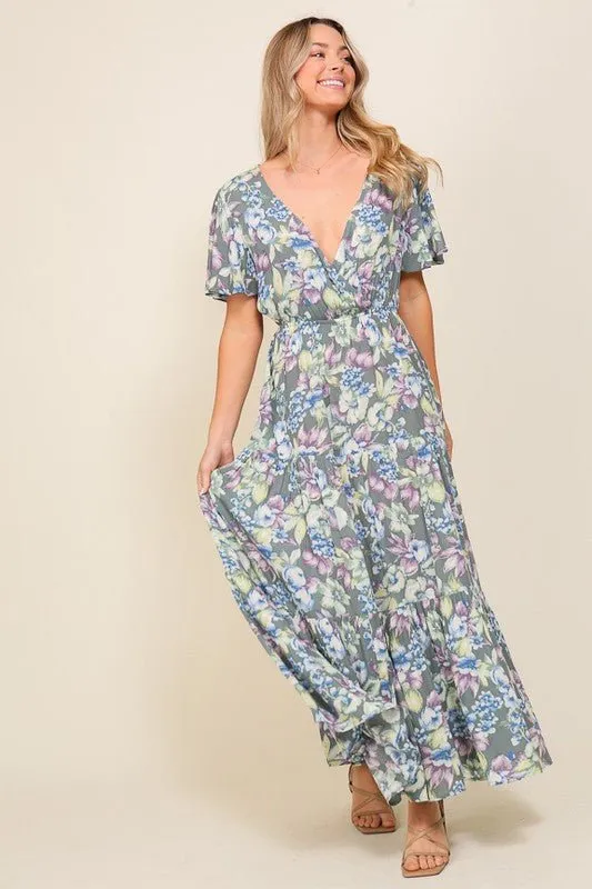 Floral Flutter Sleeve Maxi Dress