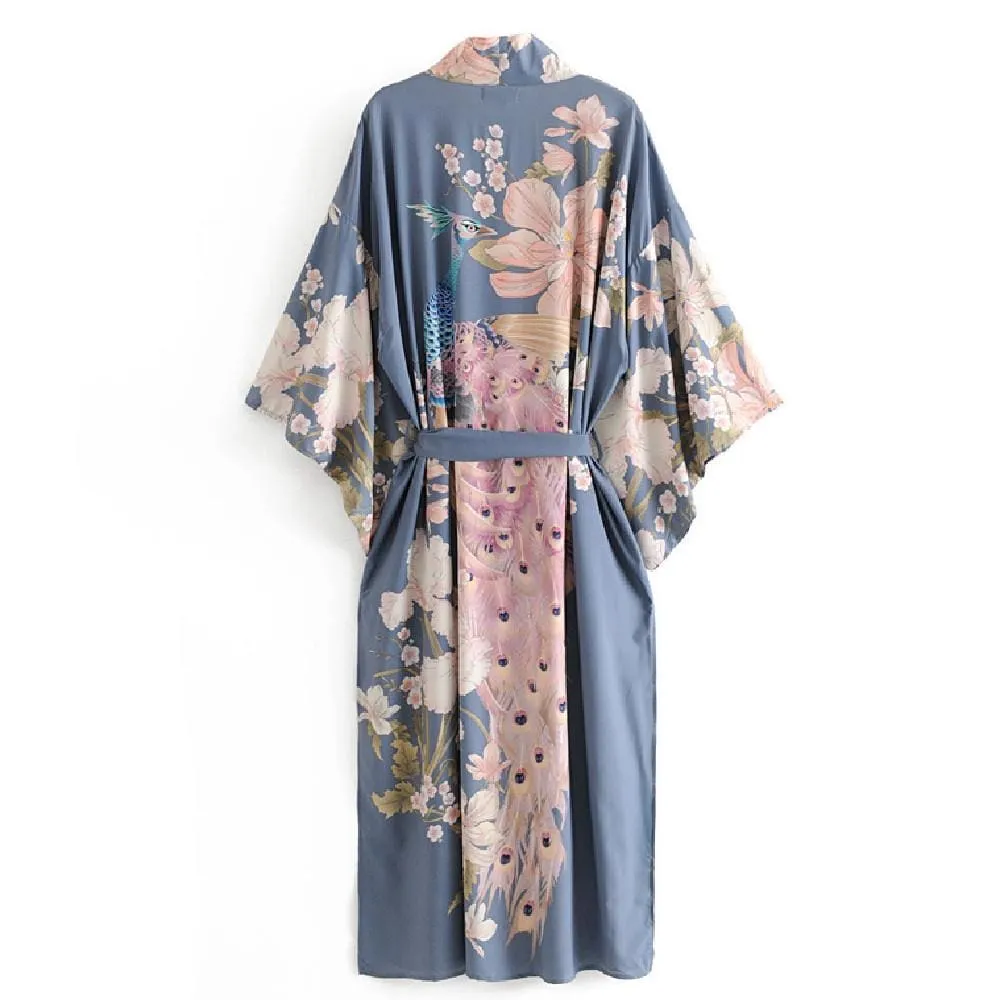 Floral Print Satin Maxi Kimono