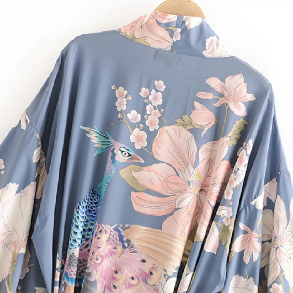 Floral Print Satin Maxi Kimono