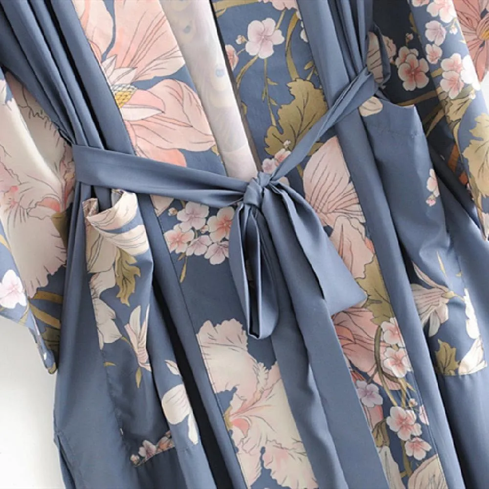 Floral Print Satin Maxi Kimono