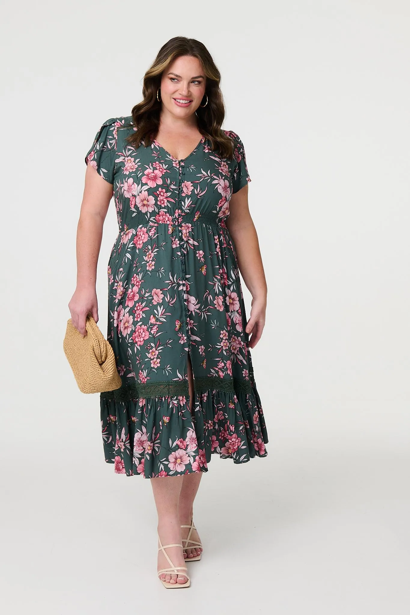 Floral Short Sleeve Lace Trim Maxi Dress