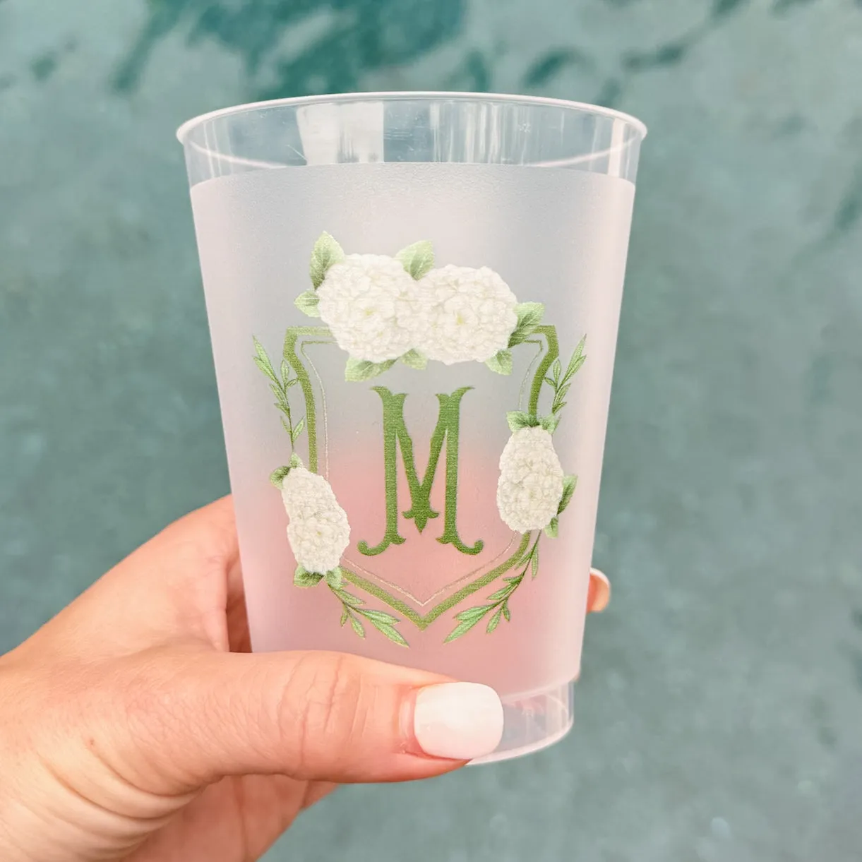 Full Color Hydrangea Initial Crest Shatterproof Cups