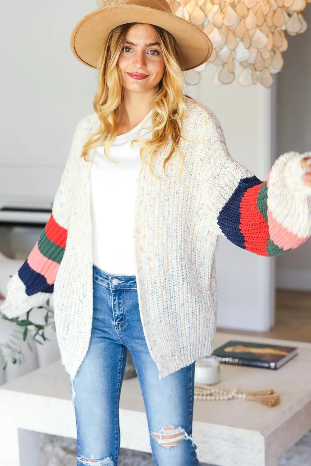 Full Size Color Block Open Front Cardigan