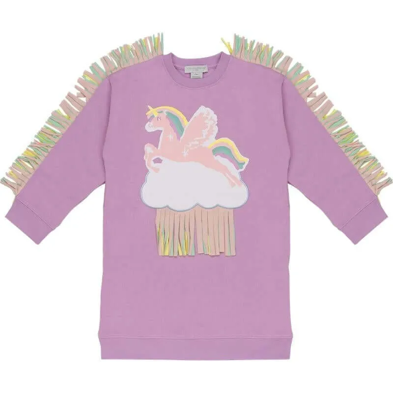 Girls Lilac Unicorn Fringe Sweatshirt Dress