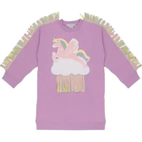 Girls Lilac Unicorn Fringe Sweatshirt Dress