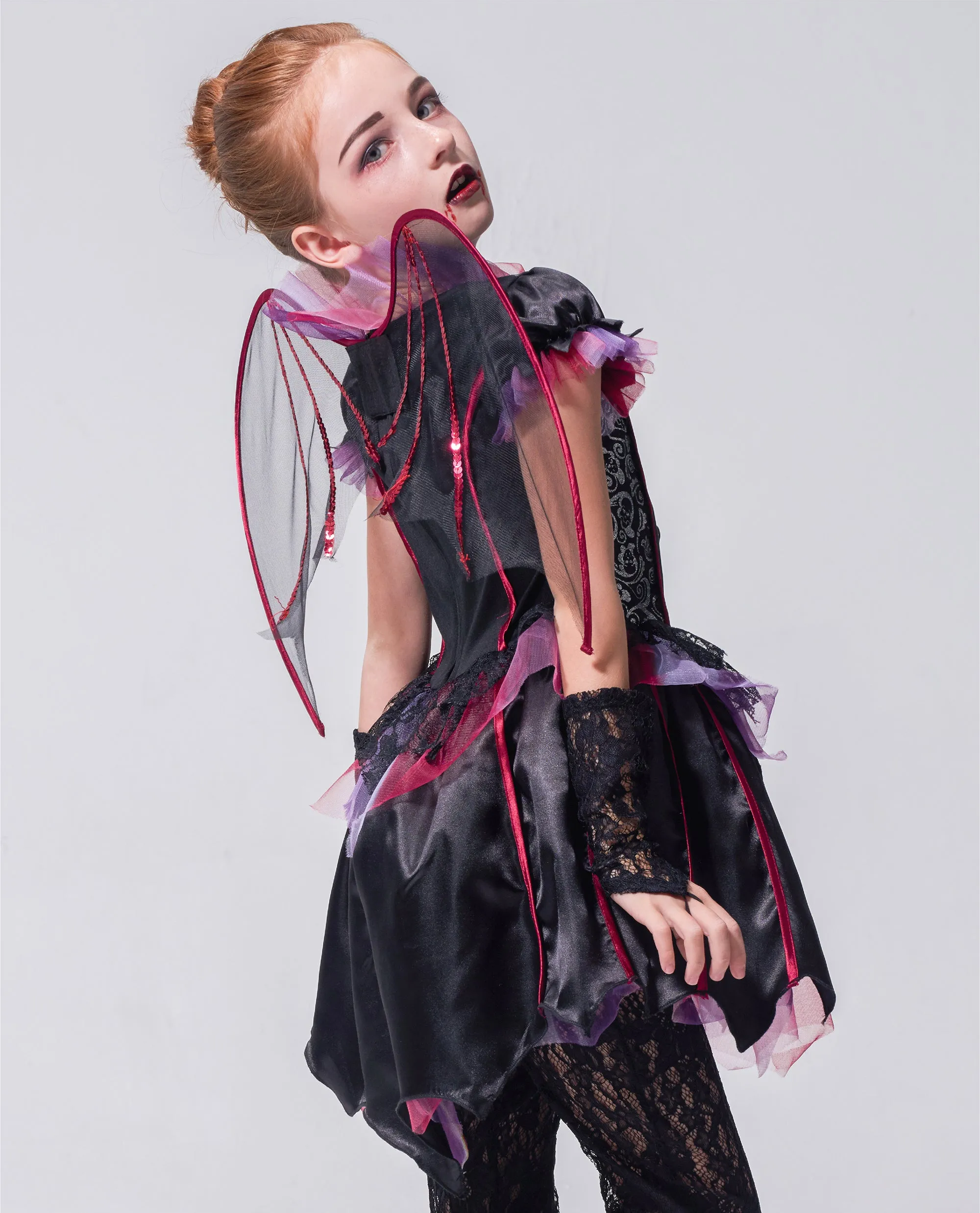 Girls Vampire Costume Gothic Evil Countess Dress Halloween Bat Wing