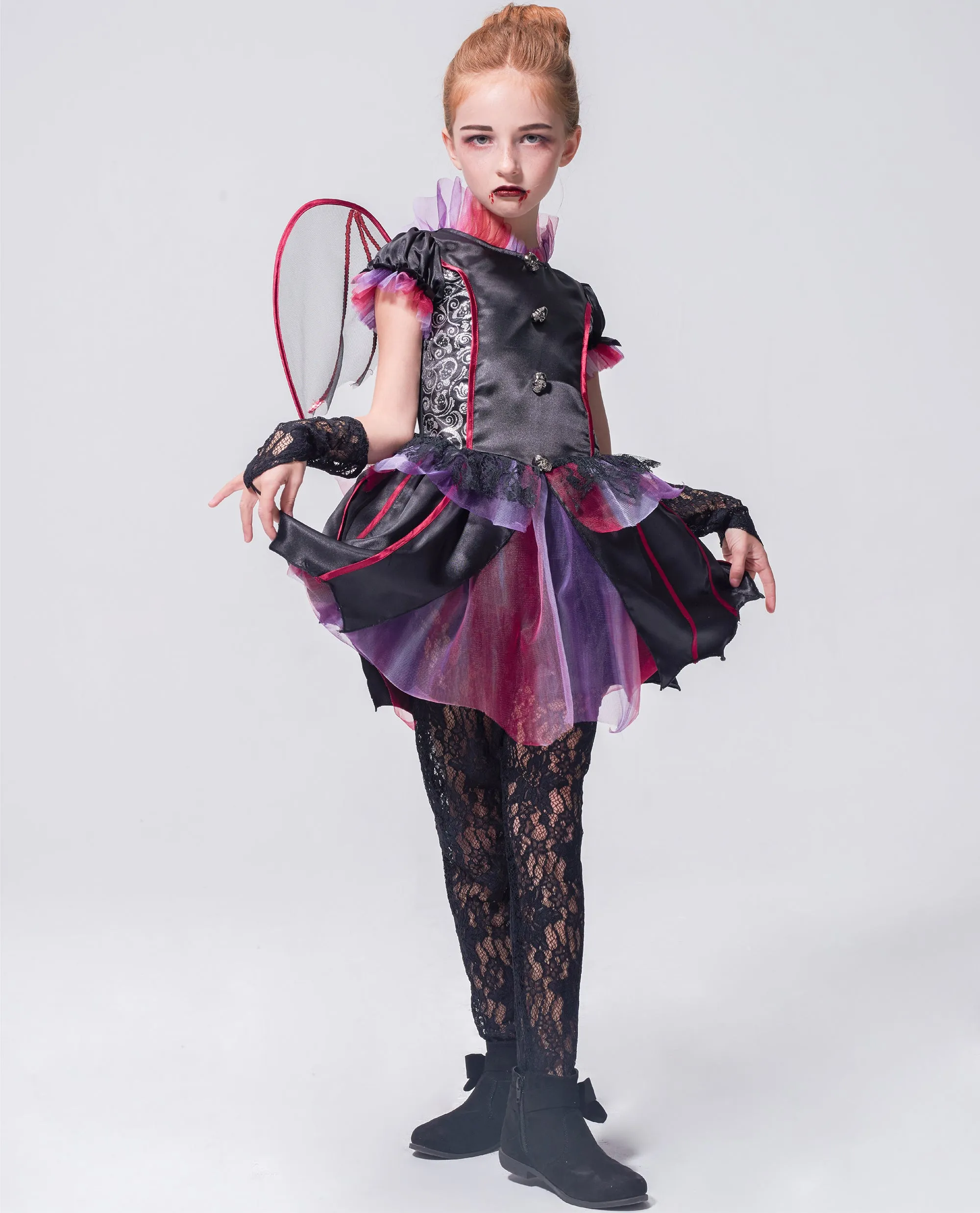 Girls Vampire Costume Gothic Evil Countess Dress Halloween Bat Wing