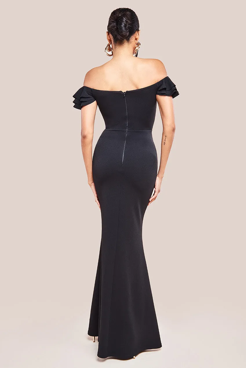 Goddiva Frilled Off The Shoulder Scuba Maxi Dress - Black