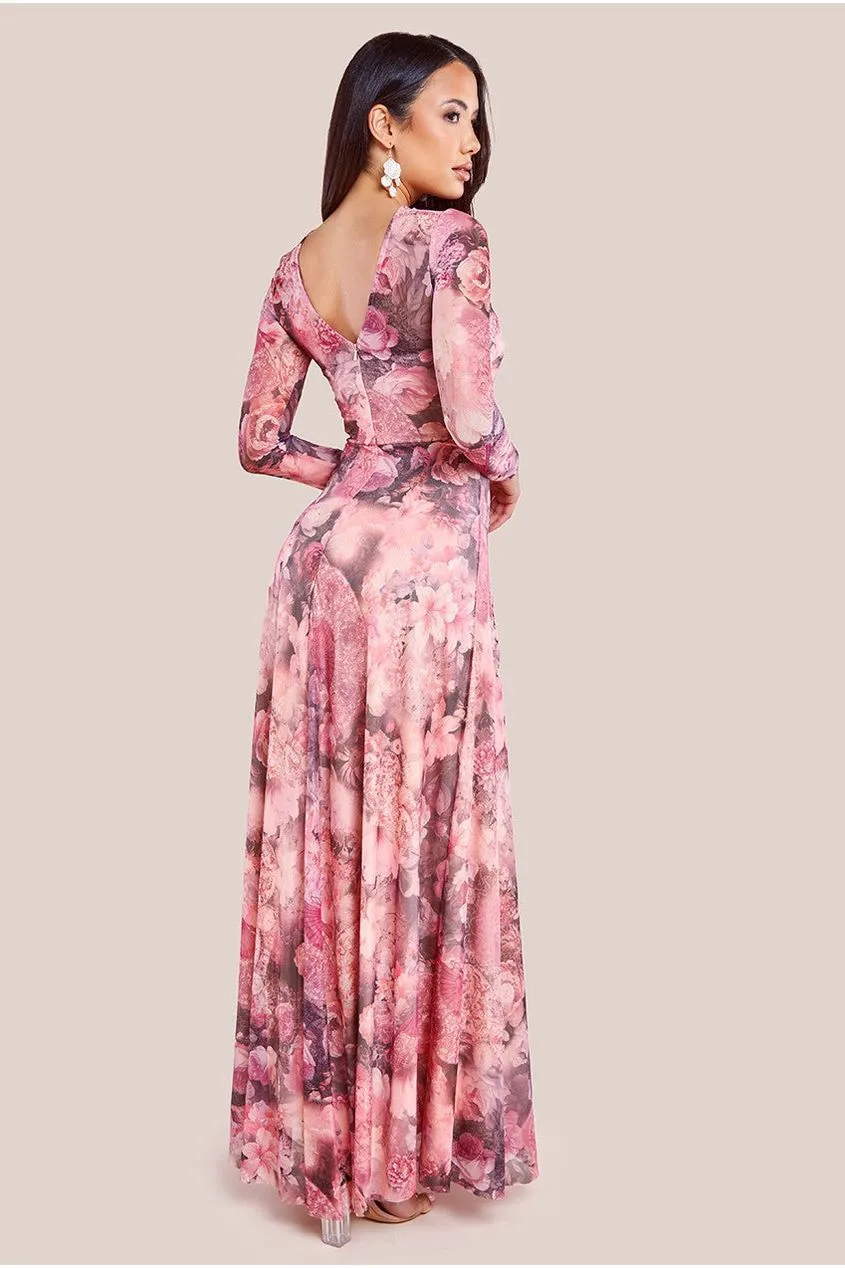 Goddiva Printed Soft Mesh A-Line Maxi Dress - Blush