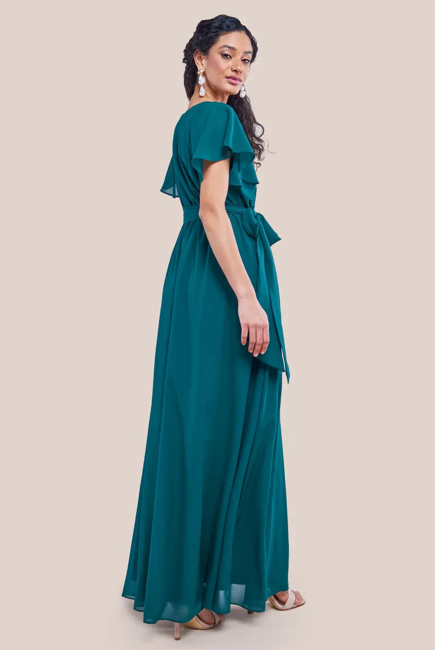 Goddiva Sustainable Chiffon Flutter Sleeve Wrap Maxi Dress - Green