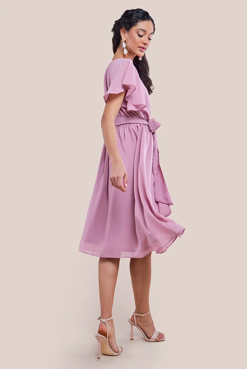 Goddiva Sustainable Flutter Sleeve Chiffon Wrap Midi Dress - Lavender