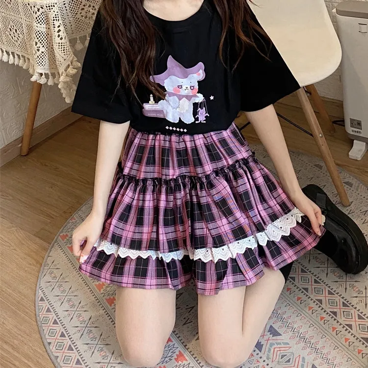 Gothic Girl Purple Plaid Layered Lace Mini Skirt