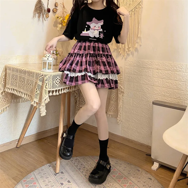 Gothic Girl Purple Plaid Layered Lace Mini Skirt