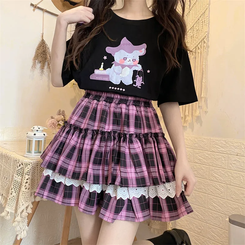 Gothic Girl Purple Plaid Layered Lace Mini Skirt